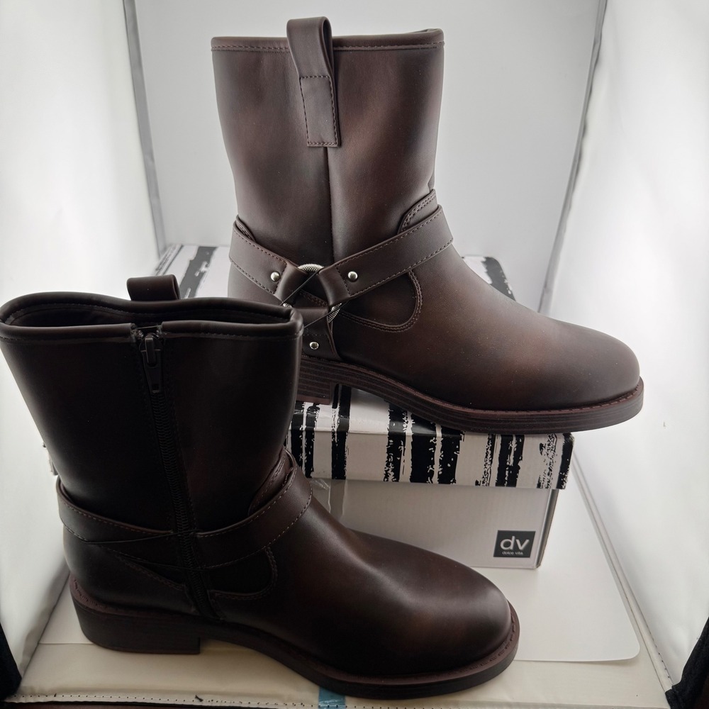 DV Dolce Vita Pondo Moto Boot Women 8 Brown NWT Harness Biker Ankle Boots